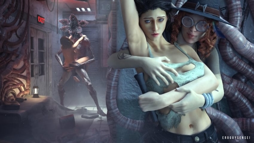 1boy 2023 3d 3girls arm_tattoo arm_up being_watched black_hair breast_grab breast_grab_from_behind carrying carrying_partner crossover dbd dead_by_daylight demogorgon eroguysensei female hat holding_flashlight indoors jeans kate_denson large_breasts larger_male male_monster mikaela_reid monster multiple_girls nancy_wheeler netflix nude nude_female orange_hair red_hair round_glasses size_difference smaller_female straight stranger_things tattoo vaginal_penetration vaginal_sex yuri