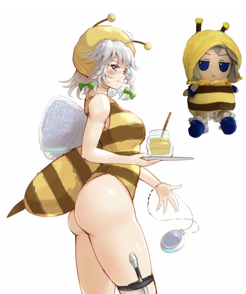 1girls ass bare_legs bee_costume bee_wings blue_eyes blush braid breasts closed_mouth cowboy_shot edz_drawz fake_antennae fake_wings female fumo_(doll) fumo_plush grey_hair holding holding_tray honey honeypot insect_wings izayoi_sakuya looking_at_viewer medium_breasts medium_hair pocket_watch sakuya_izayoi simple_background sleeveless solo stinger touhou tray twin_braids watch white_background wings