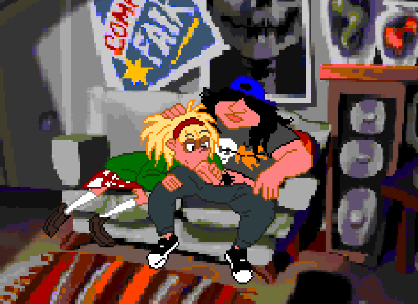 1boy animated animated artist_unknown black_eyes black_hair blonde_hair blowjob colored day_of_the_tentacle fellatio female hat headband hoagie laverne penis pixel_art pubic_hair sitting skirt