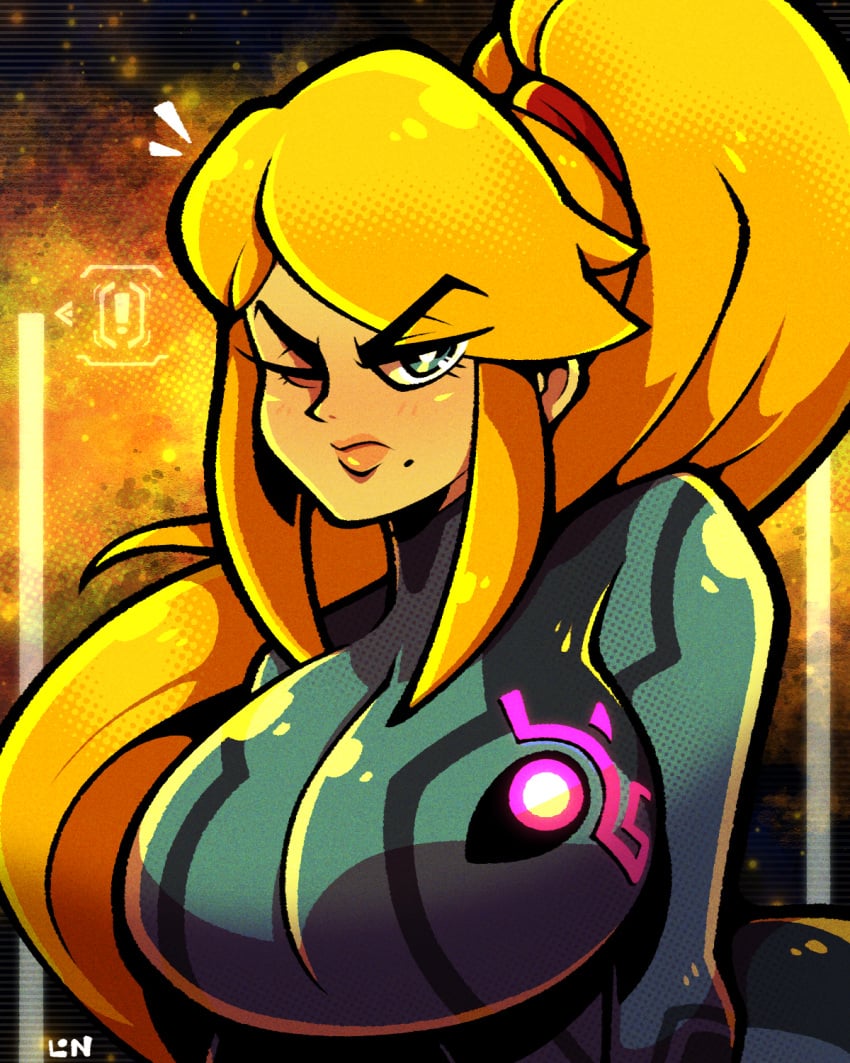 1girls blonde_hair blue_body large_breasts legendofnerd metroid one_eye_closed ponytail samus_aran solo upper_body