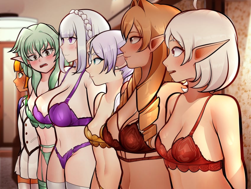 1boy 5girls arkeus arms_behind_back belly blonde_hair blush bra breasts cleavage clothing crossover elf elf_ears elf_female elf_femboy elf_girl elf_male elinalise_dragonroad emilia_(re:zero) exhibitionism femboy frieren frieren_beyond_journey's_end garter_belt goblin_slayer green_bra green_eyes green_hair green_panties half_naked high_elf_archer_(goblin_slayer) huge_breasts large_breasts lingerie lingerie_only mare_bello_fiore matching_underwear medium_breasts mushoku_tensei overlord_(maruyama) panties partially_clothed purple_bra purple_eyes purple_panties re:zero_kara_hajimeru_isekai_seikatsu red_bra red_panties side_view sideboob silver_hair small_breasts sousou_no_frieren standing sylphiette_(mushoku_tensei) thighhighs thighs underwear white_hair