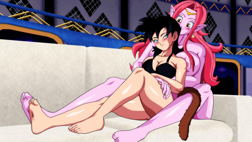 2girls bikini black_hair breasts chronoa dragon_ball dragon_ball_xenoverse female_saiyan kiara_(kiarathesaiyan) kiarathesaiyan multiple_girls oc_x_canon original_character saiyan supreme_kai_of_time tagme tagme_(artist) time_power_unleashed_form_(dragon_ball) yuri