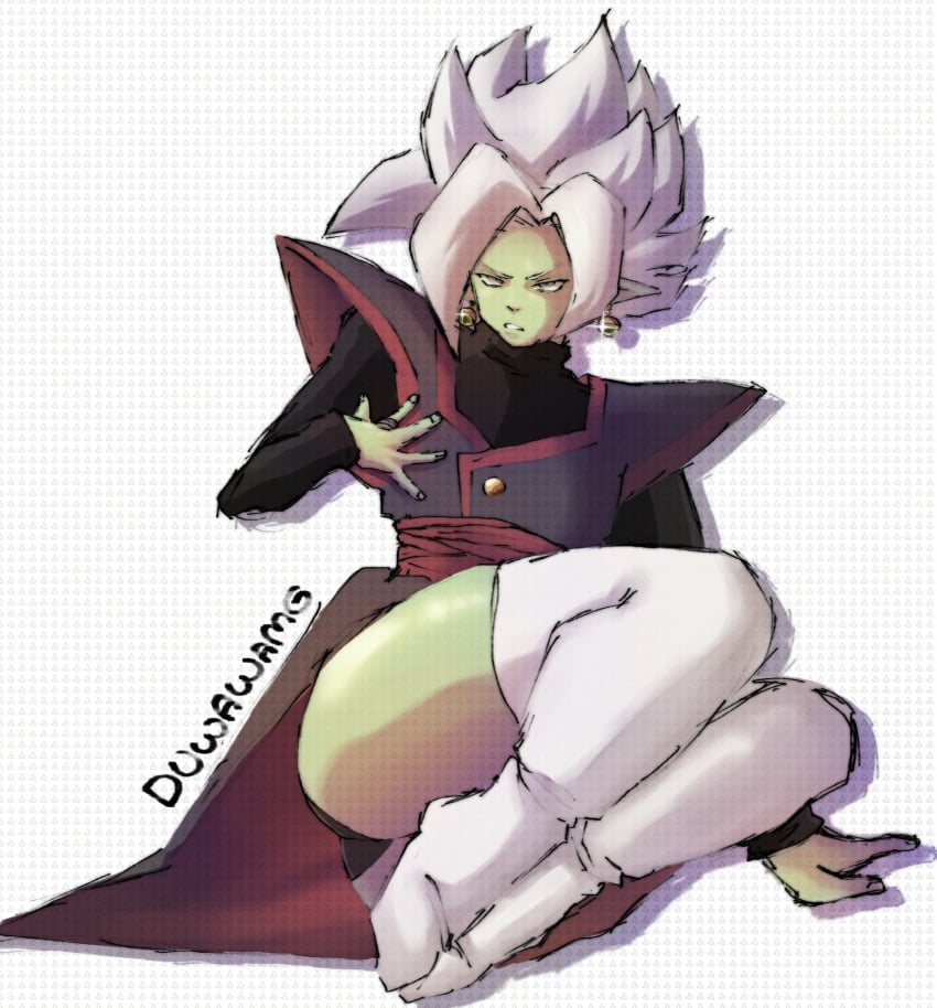 1boy ass ass_focus big_ass dragon_ball dragon_ball_super duwawamg_(artist) femboy green_skin hand_on_chest huge_ass looking_at_viewer male male_focus male_only silver_eyes sitting thick_thighs thigh_boots thighhighs white_hair wide_hips zamasu