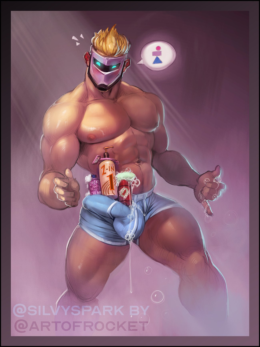 abs art_of_rocket balls_under_clothes bara biceps big_bulge blonde_hair bulge erection_under_clothes huge_bulge male male_only mask masked masked_male muscular_male pecs penis_outline penis_under_clothes shampoo_challenge silvyspark underwear