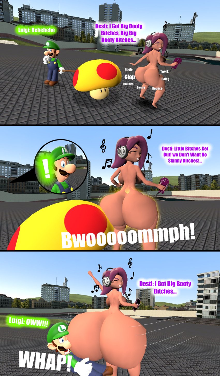 3d 3d_(artwork) ass_expansion ass_shake big_ass big_butt comic dancing desti_(smg4) dialogue garry's_mod giant_ass gmod huge_ass huge_butt hyper_ass kaibernation listening_to_music luigi mario_(series) mega_mushroom mushroom outdoors smg4 super_mario_bros. text twerking