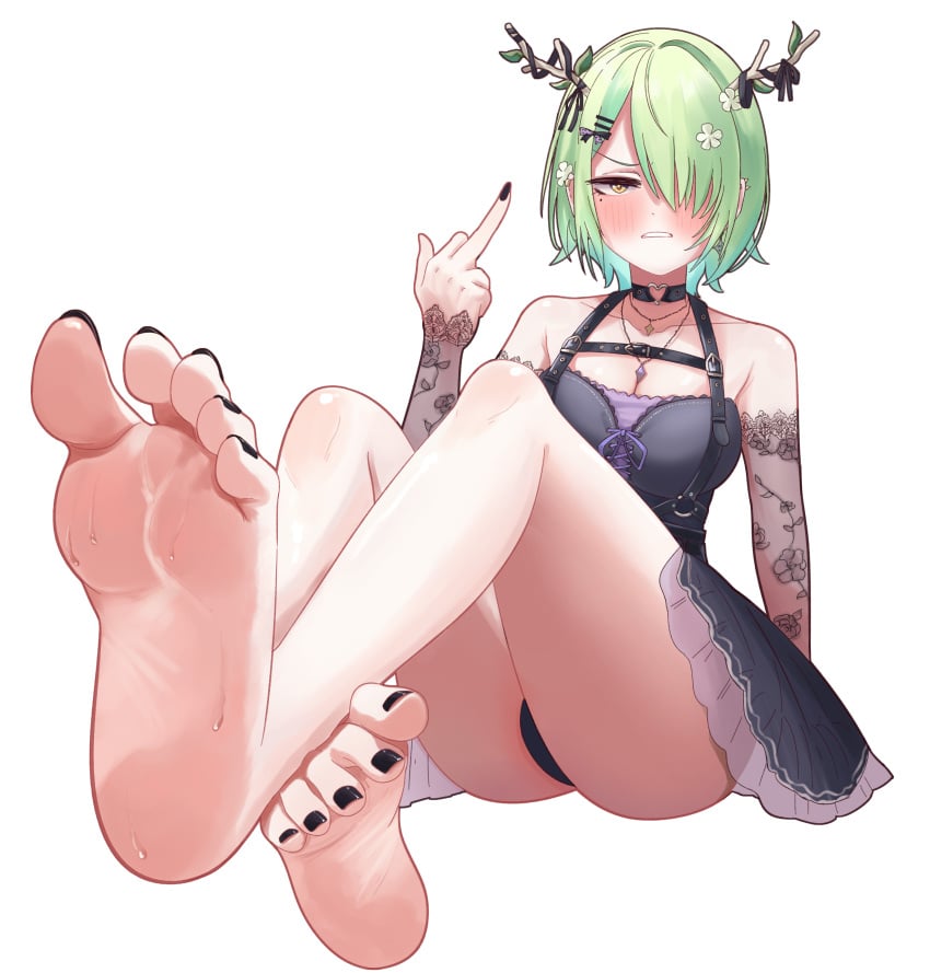 1girls 2d barefoot big_breasts black_choker black_nails black_panties blush breasts ceres_fauna ceres_fauna_(goth_costume) choker egyptian_toe feet female female_only flower flower_in_hair foot_fetish foot_focus green_hair hair_over_one_eye hololive hololive_english hololive_english_-council- hololive_english_-promise- horn large_breasts middle_finger mole mole_under_eye nail_polish panties sero4308 short_hair simple_background sitting sleeves soles sweat sweatdrop thighs toes virtual_youtuber vtuber white_background yellow_eyes