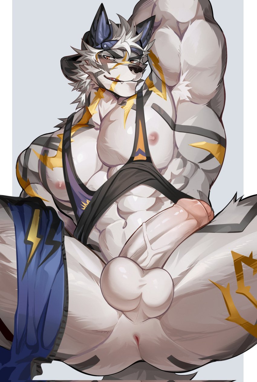 1boy abs animal_ears anus ao_(chung0u0) armpit_hair armpits ass backwards_hat bara chung0_0 clothes_lift erection feet_out_of_frame full-body_tattoo furry furry_male grey_background grey_fur grey_hair hat highres large_pectorals light_blush lightning_bolt_print male_focus muscular muscular_male navel nipples outside_border pectorals penis pillarboxed presenting_armpit q'ursha_(housamo) sharp_teeth shirt_lift short_hair shorts shorts_around_one_leg simple_background smile snout solo stringer tail tattoo teeth testicles tokyo_afterschool_summoners two-tone_fur wolf_boy wolf_ears wolf_tail