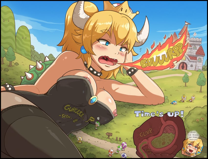 :3 ambiguous_gender areola blonde_hair blue_eyes blush bowsette bracelet breasts breath_powers burping castle clothed clothing collar crown cutaway cute_fangs dialogue digestion ear_piercing english_text eyebrow_through_hair eyebrows female female_focus fire fire_breathing giantess hair hi_res horn humanoid jewelry karbo legwear lying macro mario_(series) new_super_mario_bros._u_deluxe nintendo nipple_slip nipples on_side open_mouth outside piercing ponytail shell sound_effects spiked_bracelet spiked_collar spiked_shell spikes stomach super_crown super_mario_bros. text thigh_highs toad_(mario) tongue translucent translucent_hair tree uvula video_games vore