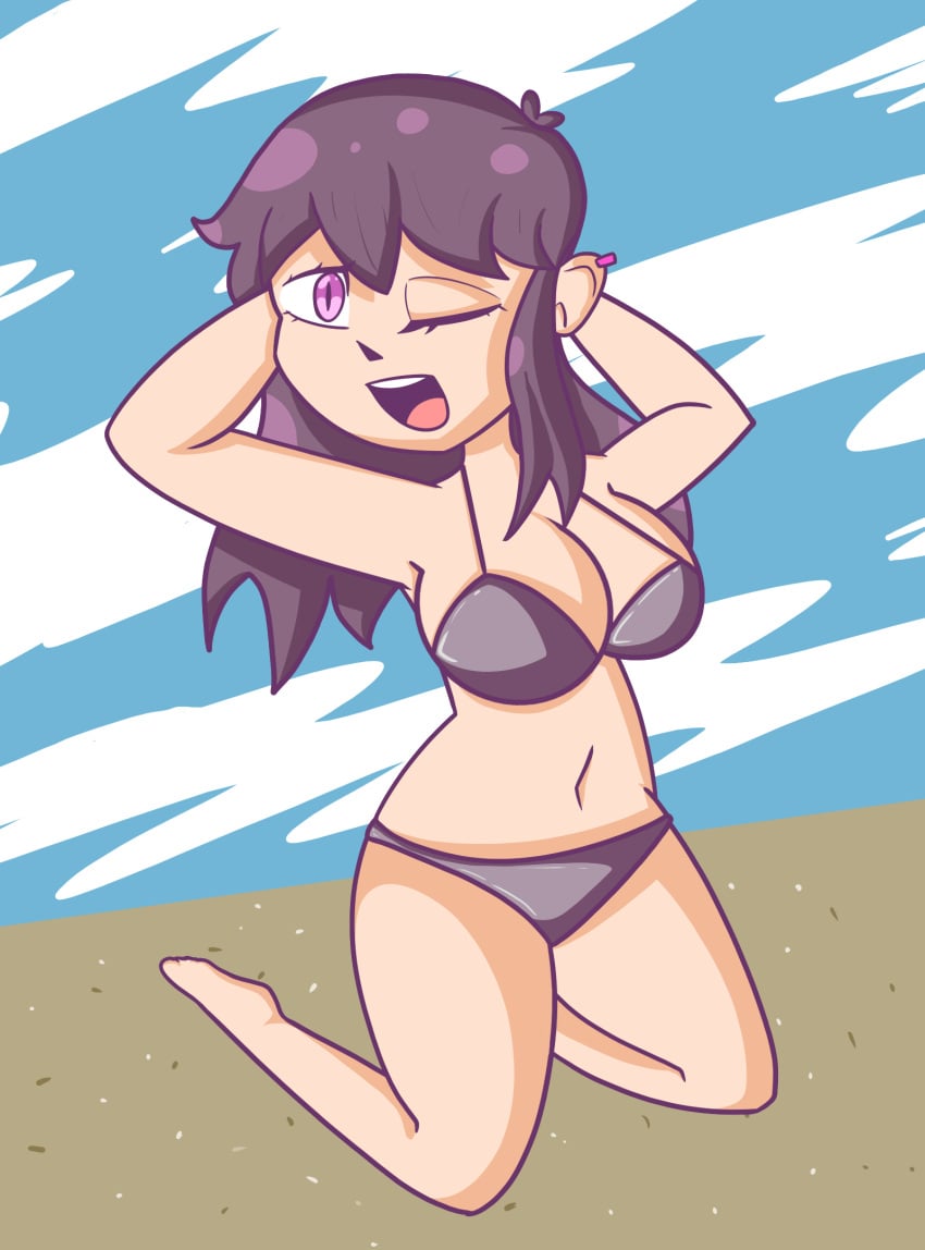 beach bikini blinking clothed clothed_female cute eye_contact eyelashes female_focus female_human female_only happy legs long_hair no_nose perfect_body pose purple_eyes purple_hair tuubaa youtube youtuber youtuber_girl