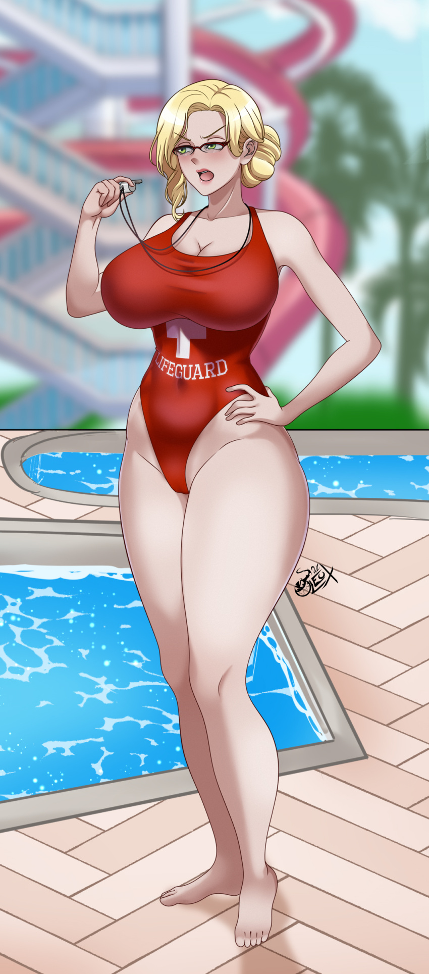 1girls alternate_version_available big_breasts blonde_hair breasts eyewear feet female female_only full_body glasses glynda_goodwitch green_eyes hair hair_bun hand_on_hip hips huge_breasts legs leux_21 lifeguard lifeguard_swimsuit lips mature mature_female mature_woman milf neckwear one-piece_swimsuit red_glasses red_swimsuit rwby solo solo_female swimsuit swimwear thighs whistle