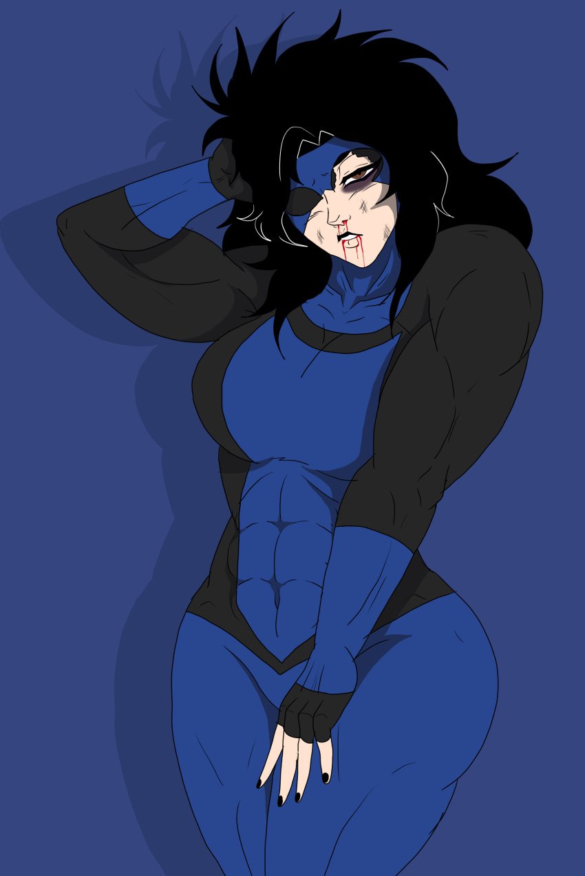 1girls abs black_eye_(injury) black_hair black_lipstick blood brown_eyes bruise clothed clothing female female_invincible female_only genderswap_(mtf) goggles hair invincible invincible_(comics) invincible_(superhero) invincible_(tv_series) mark_grayson mask muscular muscular_female nosebleed open_mouth rule_63 solo standing teeth theicevirus thick_thighs