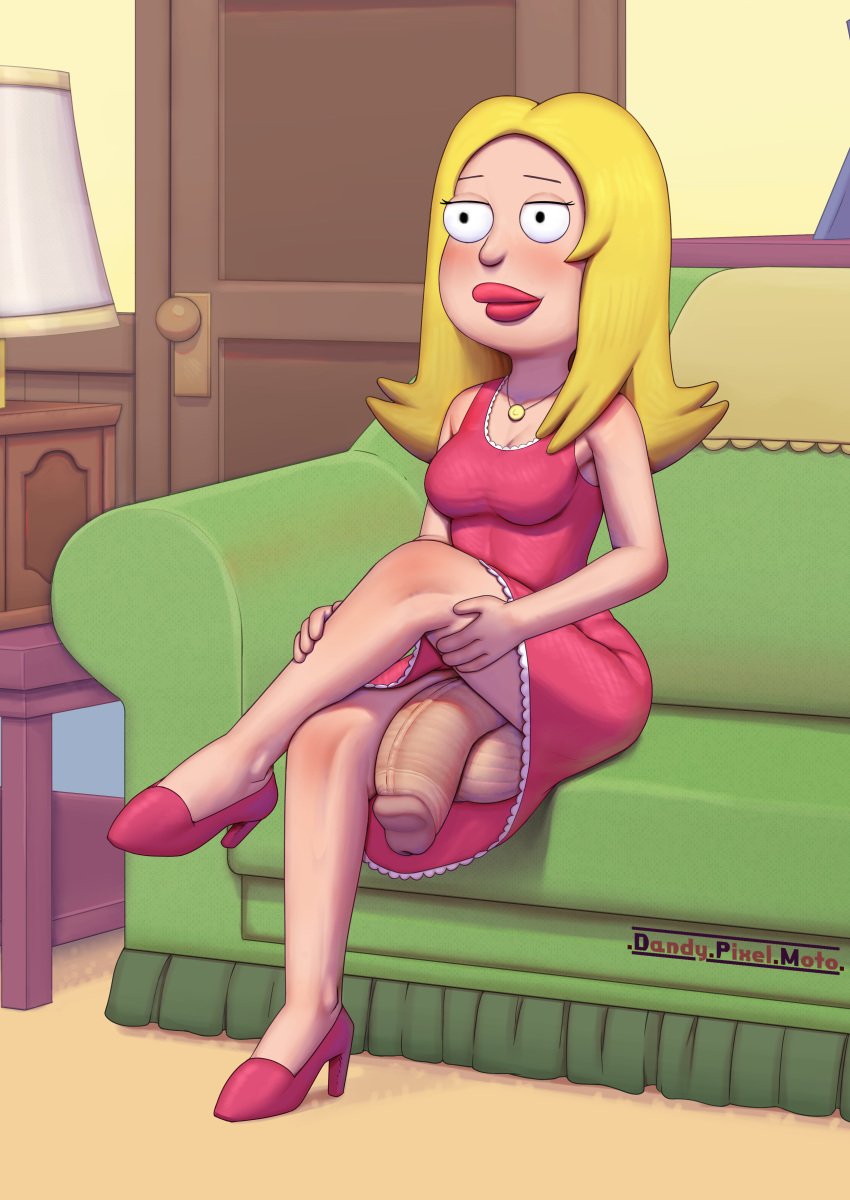 1futa absurdres american_dad balls balls_under_clothes bottomless_skirt breasts casual clothing dandypixelmoto dickgirl flaccid francine_smith futa_only futanari high_heels highres huge_cock human intersex large_breasts milf penis penis_out penis_under_clothes penis_under_skirt skirt solo solo_futa testicles