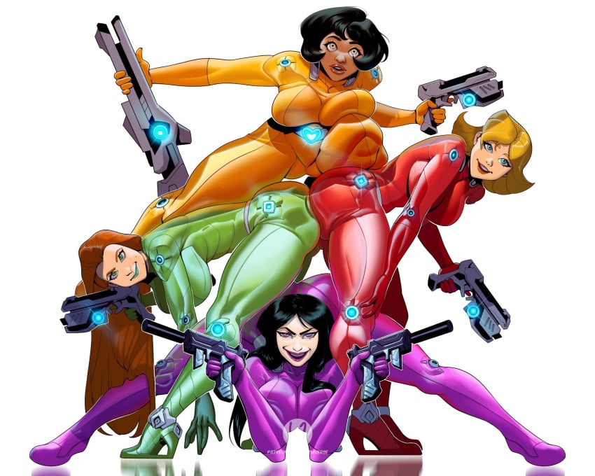 4girls alex_(totally_spies) ass_to_ass bent_over black_hair blonde_hair blue_eyes bodysuit brown_lips clover_(totally_spies) dark-skinned_female female female_only full_body fully_clothed green_bodysuit green_eyes green_lips gun huge_ass krezniverse large_breasts long_hair mandy_(totally_spies) mandy_walters open_mouth pistol purple_bodysuit purple_eyes red_bodysuit red_hair red_lips sam_(totally_spies) shiny_clothes short_hair simple_background smile tight_clothing totally_spies wedge_heels yellow_bodysuit yellow_eyes