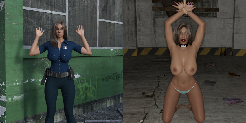 3d ball_gag before_and_after blonde_hair bondage bound_wrists gag gagged kneeling large_breasts original panties police police_uniform police_woman topless topless_female xland7