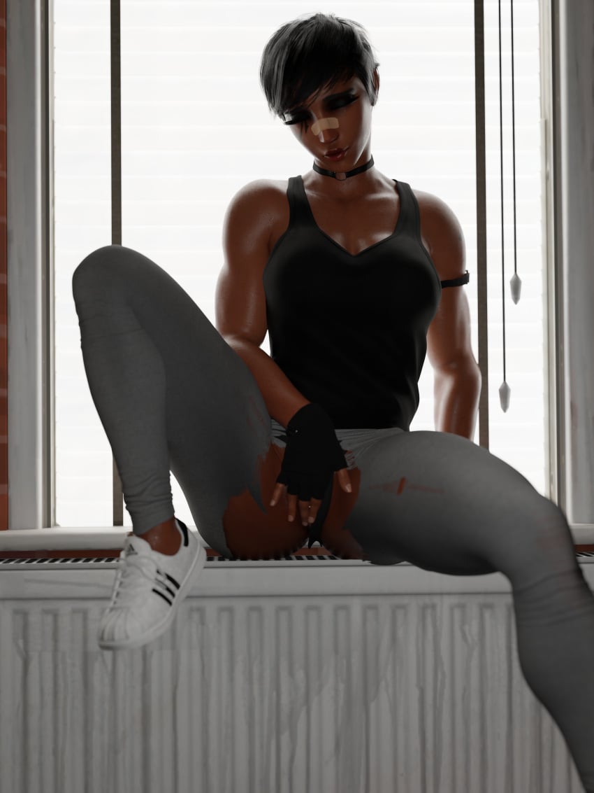 black_hair blender blender_(software) blender_cycles dommorama ear_piercing earrings female female_focus female_only fingering fingerless_gloves gloves leg_up looking_at_viewer looking_pleasured masturbating masturbation nose_bandage overwatch overwatch_2 panties panties_aside pharah ripped_clothing ripped_clothing ripped_leggings ripped_pants short_hair sitting sneakers solo_female solo_focus tank_top tomboy yoga_pants