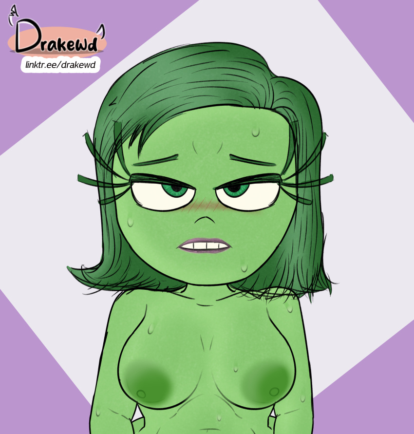 big_breasts disgust disgust_(inside_out) drakewd green_body green_eyes green_hair green_skin highres imminent_fellatio imminent_oral imminent_sex inside_out large_areolae large_breasts png self_upload worried_expression worried_look