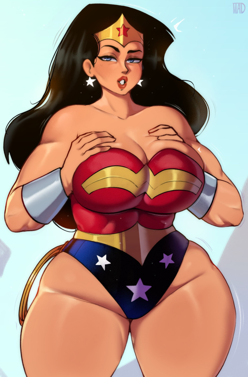 amazon big_breasts black_hair blue_eyes curvy dc dc_comics diana_prince earrings hand_on_breast lasso_of_truth leotard madheaven presenting presenting_breasts pressing_breasts_together seductive_eyes seductive_mouth seductive_pose seductive_smile solo superheroine tagme thick_thighs tiara voluptuous voluptuous_female wonder_woman wonder_woman_(series)