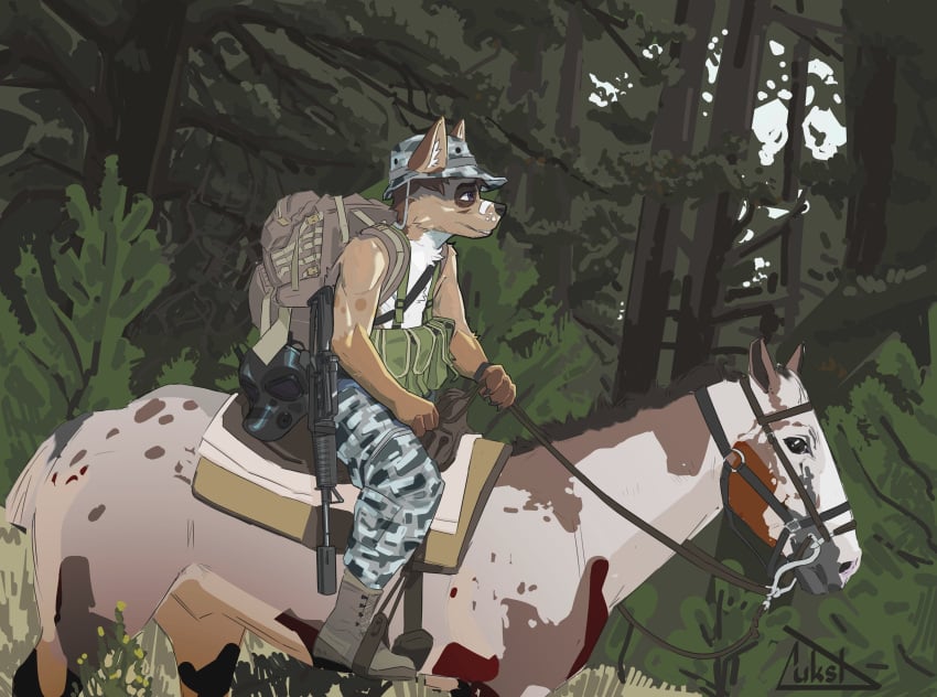absurd_res animal_genitalia anthro assault_rifle backpack barely_visible_genitalia barely_visible_sheath biped boonie_hat boots bottomwear camo camo_bottomwear camo_clothing camo_pants camo_print canid canine clothing duo equid equine feral footwear forest fully_sheathed gas_mask genitals gun hi_res horse horseback_riding lukst male male_anthro male_feral mammal mask pants pattern_bottomwear pattern_clothing pattern_pants plant plantigrade pouches quadruped ranged_weapon rifle saddle sheath tree weapon