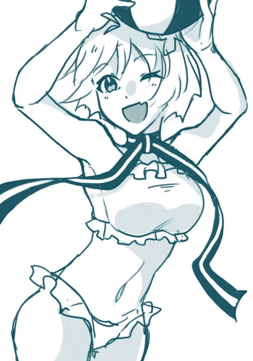 ahoge arcueid_brunestud ball bare_shoulders beach_ball bikini breasts cleavage doodle fate/grand_order fate_(series) female flower hair_flower hair_ornament highres holding_ball huge_breasts large_breasts ribbon short_hair sketch swimsuit thighs tsukihime volleyball white_bikini