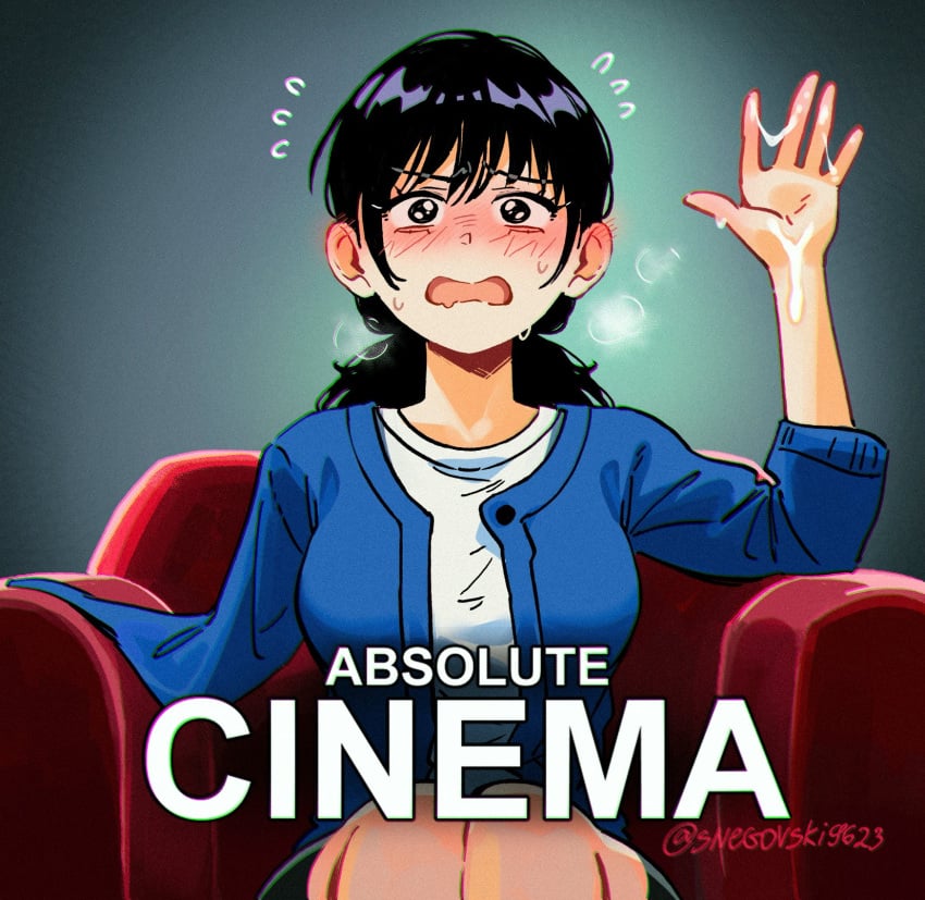 absolute_cinema_(meme) amputee armchair black_eyes black_hair blue_cardigan blush cardigan chainsaw_man chair cum cum_on_hands female flying_sweatdrops highres meme missing_arm missing_limb mitaka_asa nose_blush shirt sitting snegovski solo white_shirt