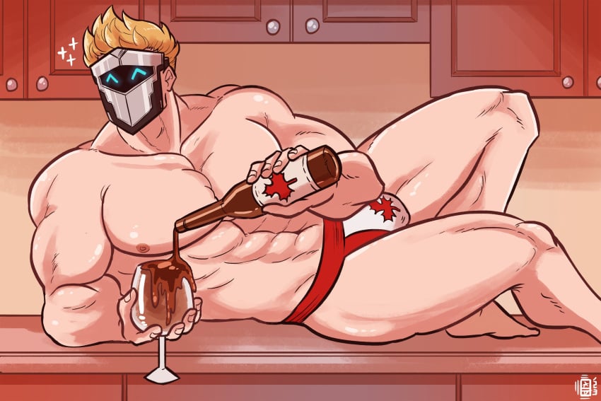 abs alcohol bara beer biceps big_bulge blonde_hair bulge canadian_flag jockstrap male male_nipples male_only maple_leaf mask masked masked_male muscular_male nipples pecs scruffyturtles silvyspark solo solo_male underwear