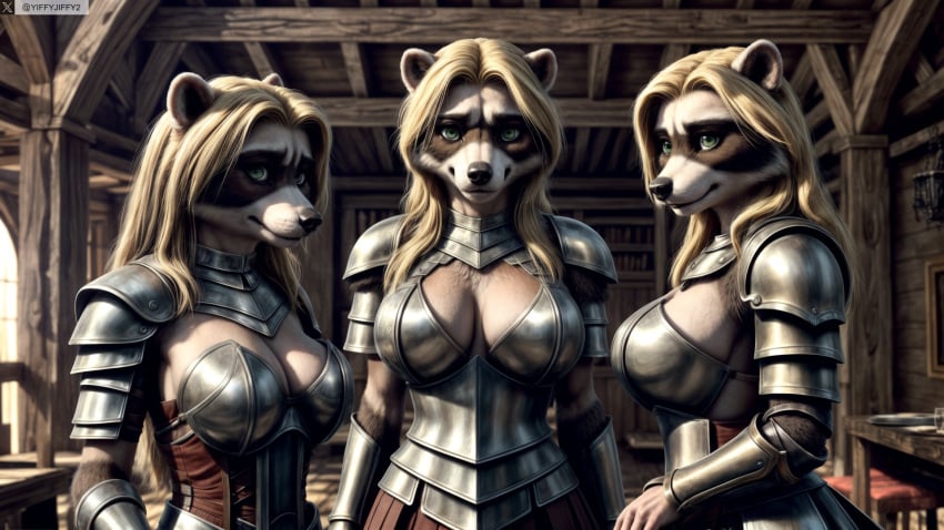 3girls ai_generated animal_ears anthro armor artist_name blonde_hair breastplate breasts cleavage female_anthro furry furry_female green_eyes hi_res high_resolution highres indoors large_breasts long_hair looking_at_viewer multiple_girls photorealistic realistic shoulder_armor stable_diffusion twitter twitter_username watermark yiffyjiffy2 yiffyjiffy69