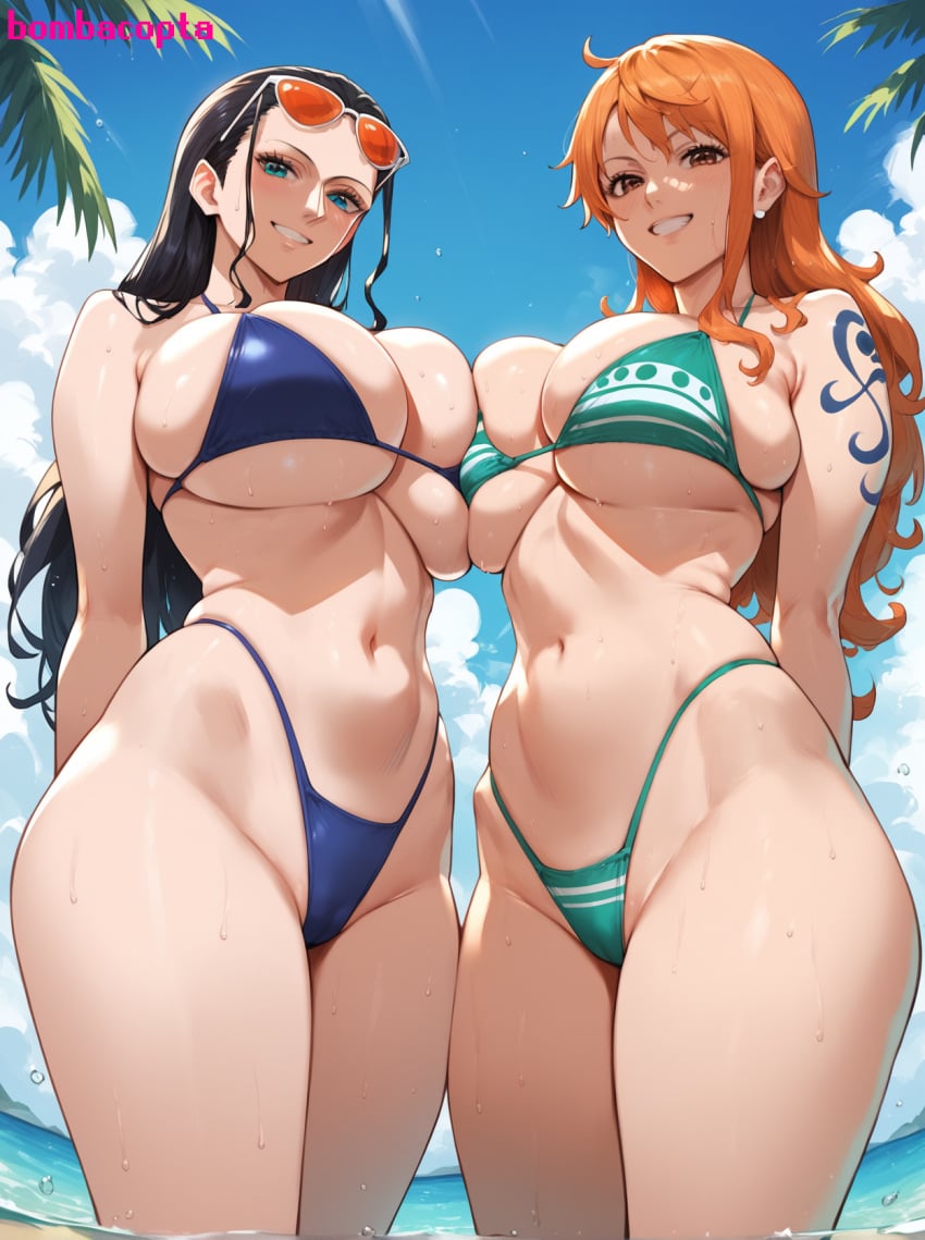 2girls ai_generated arms_behind_back beach big_breasts bikini blue_bikini blue_eyes bombacopta breasts brown_eyes female female_only green_bikini grin huge_breasts large_breasts mature_female midriff nami nami_(one_piece) nico_robin one_piece orange_hair post-timeskip pressing_breasts_together slim_waist sunglasses_on_head sweat thick_thighs wet