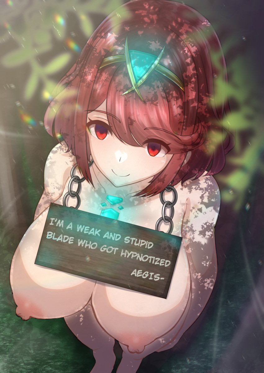 1girls aineko_nekoko english_text hypnosis mind_control naked pyra sign standing translated xenoblade_(series) xenoblade_chronicles_2