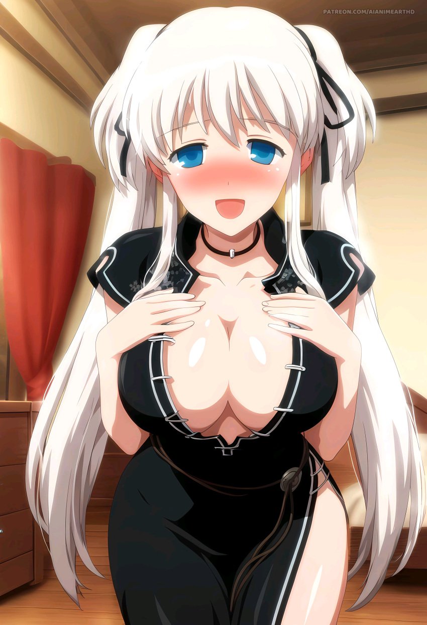 1female 1girls ai_assisted ai_generated aianimearthd bangs bed bedroom big_breasts breasts commentary_request english_commentary female female_focus female_only hi_res highres indoors looking_at_viewer mabinogi nao presenting_breasts room solo solo_female solo_focus standing twintails very_high_resolution