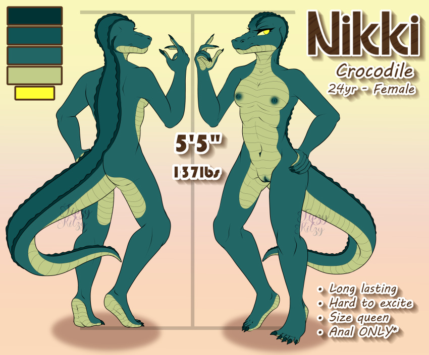 absurd_res athletic athletic_female countershading crocodile crocodilian crocodylid female flat_chested genitals green_body hi_res looking_at_viewer model_sheet multicolored_body nipples pussy reptile reverse_countershading scalie solo tipzykitzy two_tone_body yellow_eyes