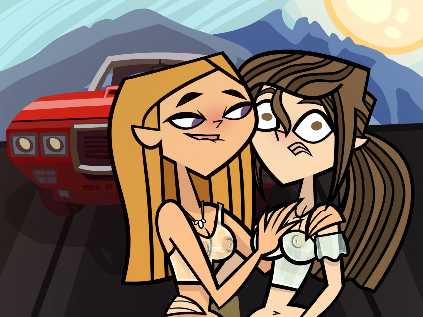 2girls accurate_art_style julia_(tdi) multiple_girls oc original_character see-through see-through_clothing tdkai_art total_drama_island total_drama_island_(2023) touching_breast wet_clothes yuri