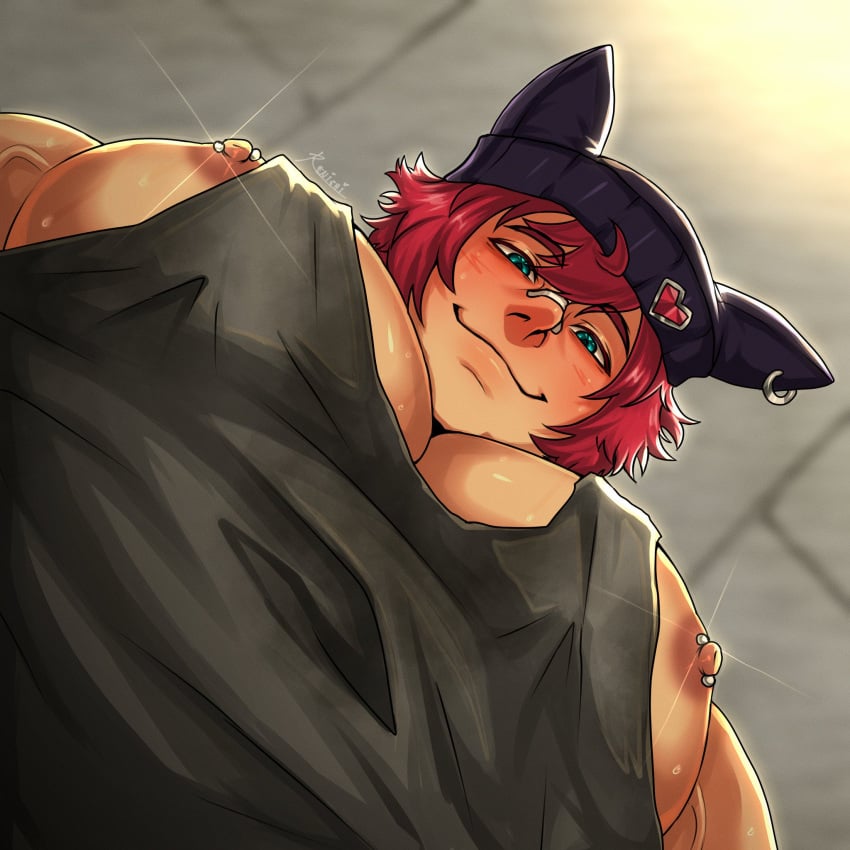 1boy bara beanie big_pecs blush heartsteel_series heartsteel_sett league_of_legends looking_at_viewer looking_down male male_focus male_only meme muscular muscular_male nipple_slip nipples pecs pectoral_cleavage pectoral_focus pectorals pierced_nipples piercing red_hair renishi9 sett sidepec solo solo_focus solo_male taker_pov tank_top yur_oc_like_this_(meme)