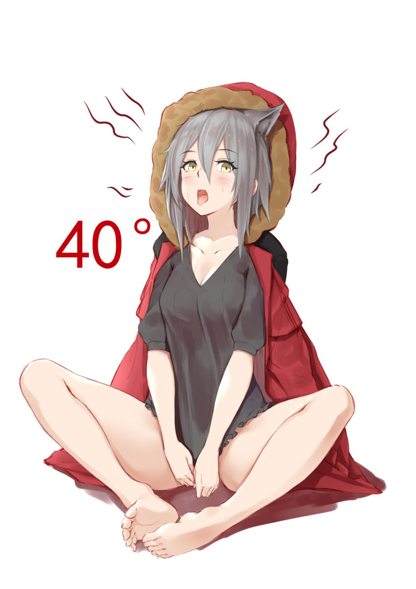 animal_ear arknights blush feet female grey_hair hoodie jilu legs open_mouth projekt_red_(arknights) shirt sitting toes wolf_ear yellow_eyes