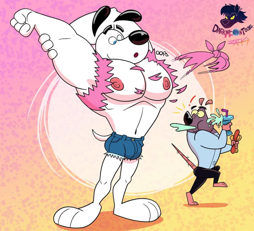 2boys anthro bulge canine clothing daisy_dukes dudley_puppy erection gay male_only mammal muscular nipples pecs rat ripped_clothing rodent simple_background supersonicwerehog t.u.f.f._puppy verminious_snaptrap zackdadawg