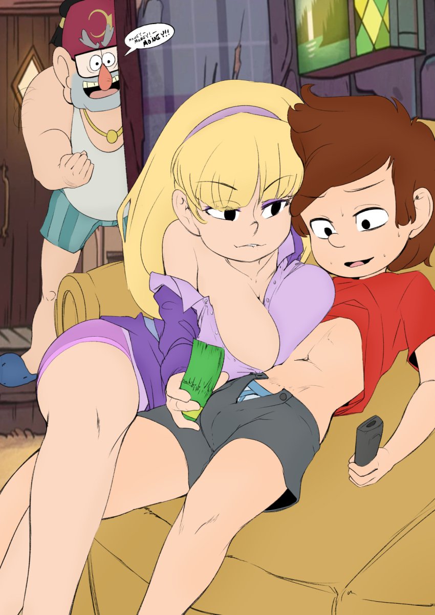 47k arrogant big_breasts biting_lip blonde_hair breast_press brown_hair clothed clothing colorized coloured couch crossed_legs dipper_pines disney disney_channel disney_xd edit eyeshadow foreplay gravity_falls hat laying looking_at_breasts male_prostitute male_prostitution money no_bra on_lap open_shirt open_shorts pacifica_northwest pajamas penis_bulge remote_control rich_bitch rich_girl seductive shirt_lift smile smiling sofa stanley_pines straddling straight_hair sweating teeth tongue underwear undressing