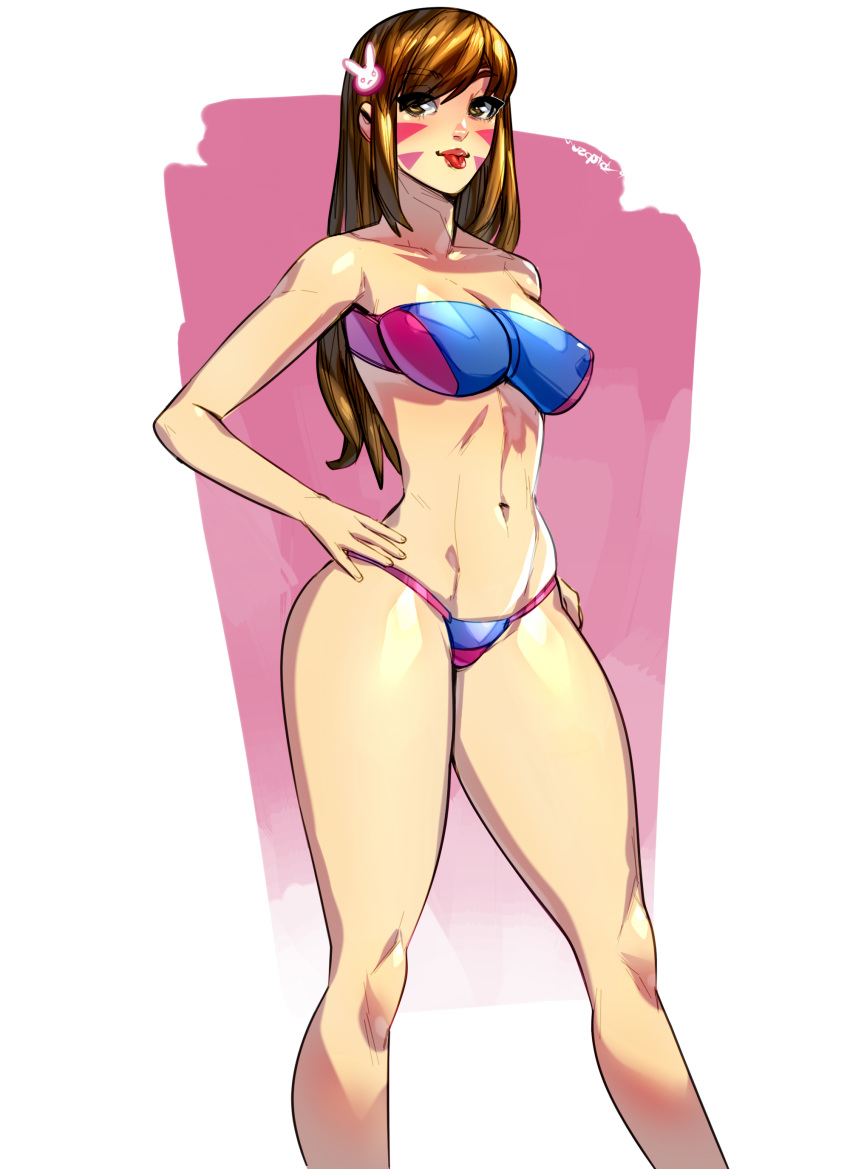 alluring bikini brown_hair d.va facepaint female hairpin lipstick long_hair looking_at_viewer overwatch simple_background solo xdtopsu01