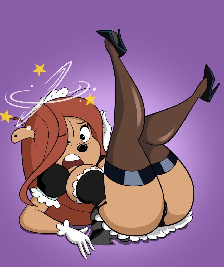 1girls animal_ears anthro artist_name ass black_dress black_eyes black_skirt breasts brown_hair cameltoe canine cleavage curvy disney dress ducktales fauxanne female female_only footwear front_view gloves grimphantom hair_over_on_eye headgear high_heels hourglass_figure huge_breasts humanoid job_applicant_(ducktales) large_ass leg_lift leg_up legwear long_hair looking_at_viewer lying maid open_mouth panties pantyshot pose posing seeing_stars shadow simple_background skirt skirt_lift solo stockings thong tripping white_gloves wide_hips