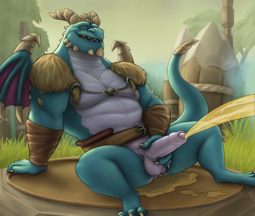 1boy 2018 3_toes 4_fingers anthro arm_wraps balls belt blue_scales bottomless bubba_(spyro) clothed clothing dragon erection front_view grass hi_res humanoid_penis looking_at_viewer male male_only muscular muscular_male noodlewd outside partially_clothed partially_retracted_foreskin peeing penis presenting presenting_penis scales sitting smile solo spyro_reignited_trilogy spyro_the_dragon toes tree uncut urine video_games watersports wings wraps