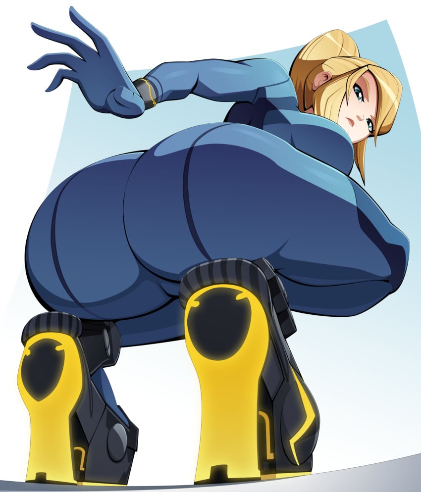 1girls ass ass_focus blonde_hair blue_eyes bodysuit clothed clothing female female_only high_heels highres human human_only large_ass metroid nintendo ravenravenraven samus_aran sidelocks solo squatting tight_clothes zero_suit zero_suit_samus