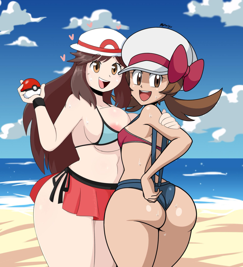 2girls ass back beach bikini breasts brown_eyes brown_hair cap collaboration female female_only hat heart human human_only jinu large_ass large_breasts leaf_(pokemon) long_hair lyra_(pokemon) mergeritter multiple_girls nintendo open_mouth poke_ball pokemon pokemon_frlg pokemon_hgss pokemon_rgby sea seaside skirt small_breasts sweat text thick_thighs twintails watermark wet wide_hips