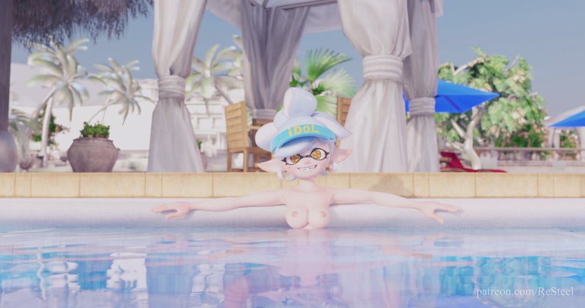 3d areolae breasts female fluids marie_(splatoon) marie_(wo262) nipples nude pool render resteel smile splatoon squid_sisters sunlight tag url water wet