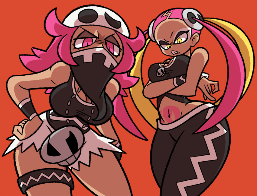 2girls angry bare_shoulders belly bent_over billie_zillish blonde_hair breasts cleavage crossed_arms dark-skinned_female dark_skin eyelashes eyeshadow female female_only female_team_skull_grunt half-closed_eyes hat human human_only large_breasts long_hair looking_at_viewer makeup mask midriff multiple_girls navel necklace nintendo orange_background pants pink_eyes pink_hair plumeria_(pokemon) pokemon pokemon_sm quad_tails rapp_(pokemon) shenaniganza shirt short_hair shorts source_request standing streetwear sweatband tank_top tattoo team_skull team_skull_grunt team_skull_grunt_(female) thick_thighs wide_hips yellow_eyes