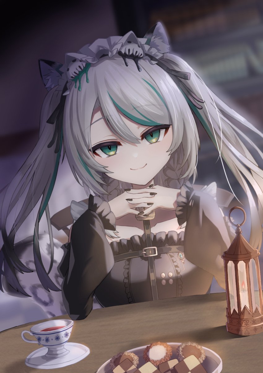 animal_ears black_sky braided_sidelocks cake cheek_rest copyright_request cross-laced_clothes cross-laced_sleeves dessert food freedomman_hero frilled_straps fuzzy_clothes grey_nails grey_tail highres hinamori_anthea holding holding_saucer indie indie_virtual_youtuber leopard_ears leopard_tail maid nata_(tool) red_pupils saucer sky snow_leopard_tail strawberry_shortcake tail teapot virtual wallpaper_(object) youtuber