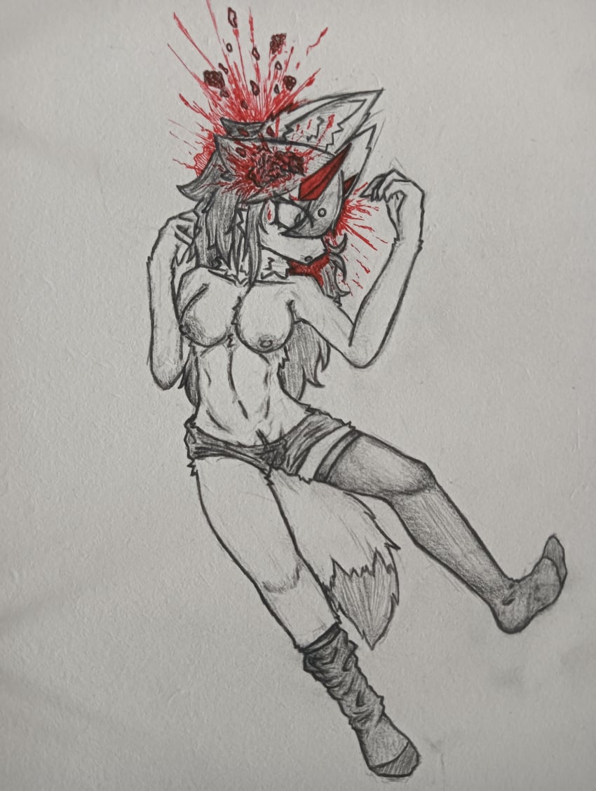 absurd_res anthro bilibiliupjiamou black_clothing black_footwear black_socks blood bodily_fluids canid canine clothed clothing corpse death female female_death footwear fox fur gore grey_hair hair hi_res horn jiamou_(bilibiliupjiamou) mammal partially_clothed socks white_body white_fur