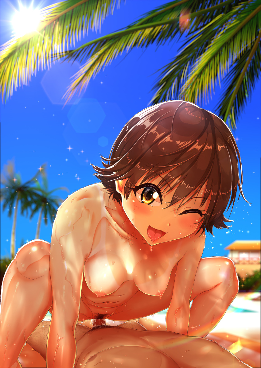 1boy 1boy1girl 1girls :3 absurdres bangs beach bikini_tan blue_sky blurry blurry_background blush breasts brown_eyes brown_hair collarbone cowgirl_position day erection eyebrows_visible_through_hair female female_focus happy_sex highres hispanic_male honda_mio idolmaster idolmaster_cinderella_girls jewelry kilesha kirewisha latino_male long_hair lying male male_pubic_hair medium_breasts navel necklace nipples nude on_back one_eye_closed open_mouth palm_tree penis pov pov_eye_contact pubic_hair sex shiny shiny_hair shiny_skin short_hair sky solo_focus spread_legs squatting straight tan tanline tongue tongue_out tree vaginal_penetration water wet wink