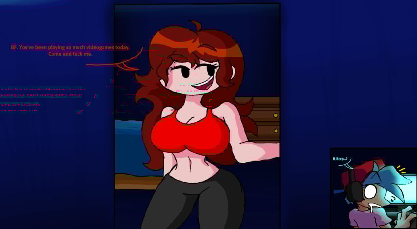 1boy 1boy1girl 1boys 1girl1boy 1girls ?! ass auburn_hair bed belly big_ass big_ass_(female) big_breasts big_butt big_hips big_thighs black_pants blouse blue_background blue_walls boyfriend-girlfriend boyfriend_(friday_night_funkin) breasts brown_furniture canon_couple clothed clothes clothing computer computer_keyboard computer_monitor computer_mouse computer_screen couple cyan_hair cyan_light demon demon_girl dialogue dialogues door drool drooling eyebrows female female female_human fixed_version friday_night_funkin friday_night_funkin_mod fully_clothed fully_clothed_female furniture girlfriend_(friday_night_funkin) hips huge_breasts human humanoid keyboard keyboard_(computer) light long_hair looking_at_another marios_madness mouse_(computer) open_mouth pants red_blouse red_hat red_shirt shaded shading sheets shirt short_shirt simple_background simple_shading sleeveless sleeveless_shirt smile so_cool_gf so_cool_girlfriend surprised surprised_expression surprised_face surprised_look thighs white_eyes white_shirt white_skin