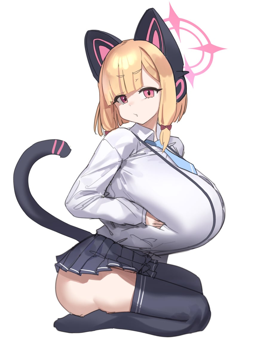 1girls alternate_breast_size blonde_hair blue_archive breasts cat_ear_headphones clothed collared_shirt female gya_rb halo headphones huge_breasts momoi_(blue_archive) pink_eyes shirt sitting skirt solo thighhighs thighs