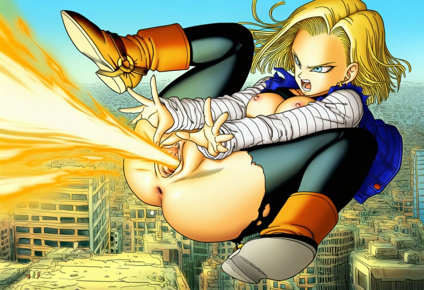 ai_generated alternate_version_available android_18 artist_request beam breasts breasts_out dragon_ball dragon_ball_z energy_beam female fireball firing_weapon flying legs_apart pussy ruined_city screaming special_attack torn_clothes torn_clothing vagina