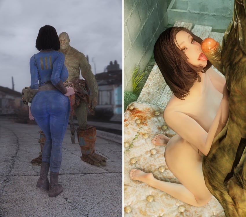 3d bethesda_softworks bigger_male eager emotrashcan fallout fallout_4 interspecies kneeling kneeling_female kneeling_oral_position licking_penis monster_cock sole_survivor_(female) strong_(fallout) super_mutant tongue_out vault_dweller vault_suit