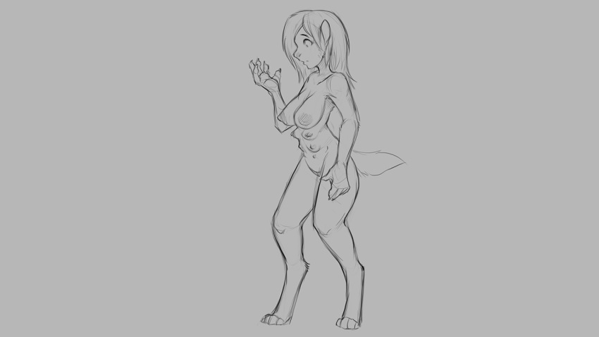 16:9 2018 anthro breasts canid canine canis digitigrade domestic_dog female grey_background hair implied_transformation mammal monochrome multi_breast nipples nude pawpads pussy simple_background solo standing surprise tail transformation watsup